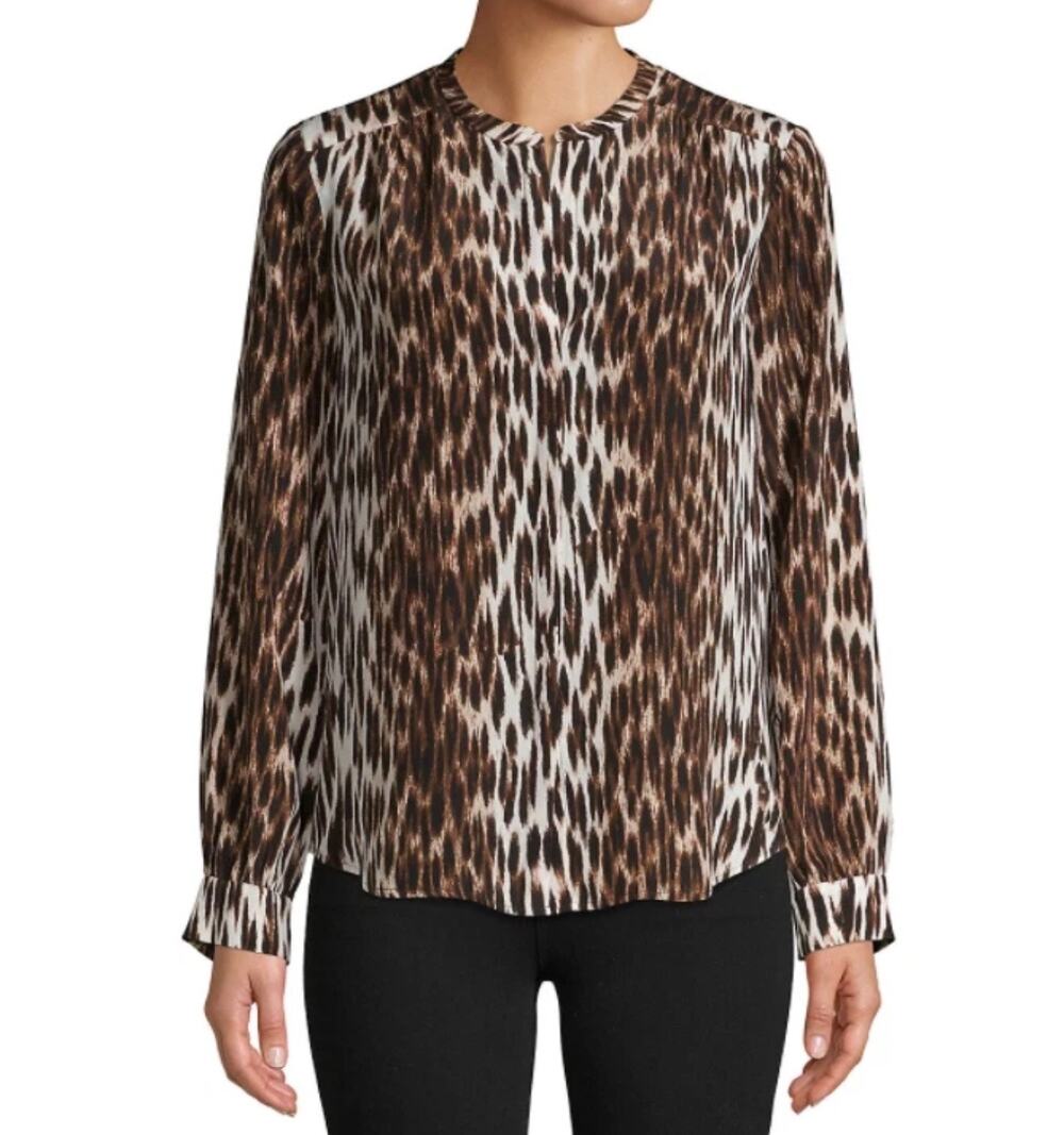 L'AGENCE 100% Silk Animal Print Blouse Size M Brown Black Long Sleeve Shirt